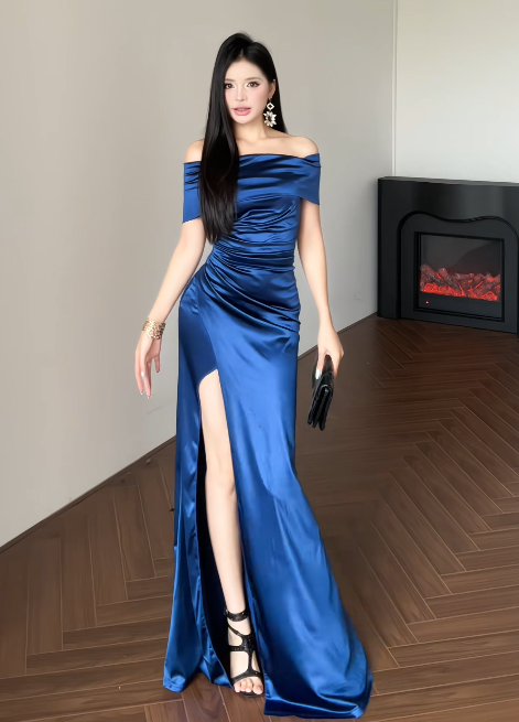 Fashion Navy Blue Prom Dress Sheath Off-shoulder Satin Long Evening Dress ED09362