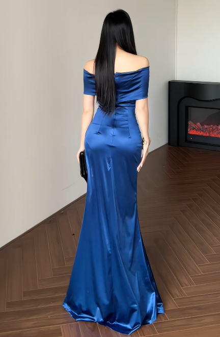 Fashion Navy Blue Prom Dress Sheath Off-shoulder Satin Long Evening Dress ED09362