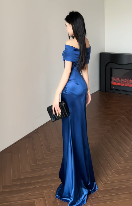 Fashion Navy Blue Prom Dress Sheath Off-shoulder Satin Long Evening Dress ED09362