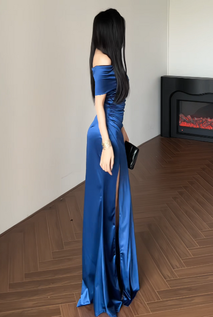 Fashion Navy Blue Prom Dress Sheath Off-shoulder Satin Long Evening Dress ED09362