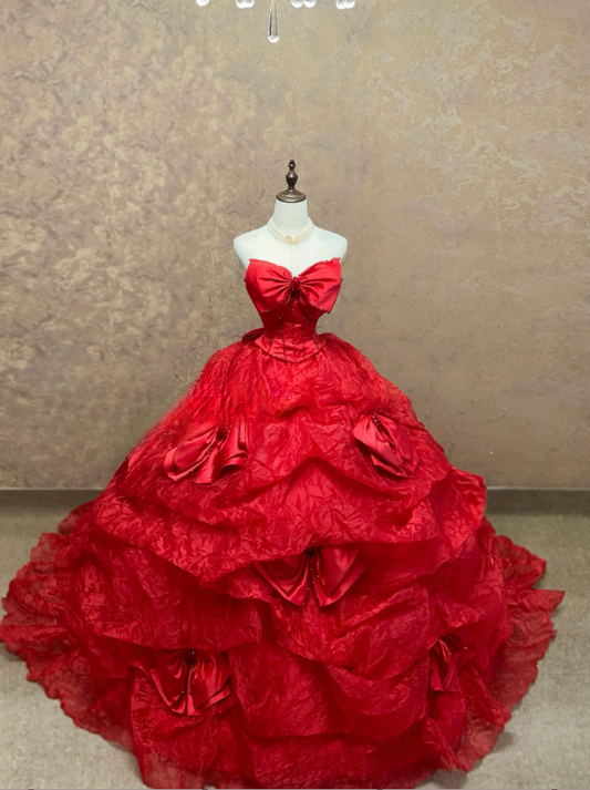 Chic Red Prom Dress Ball Gown Strapless Quinceanera Dress Tulle Sweet 16 Dress ED09363