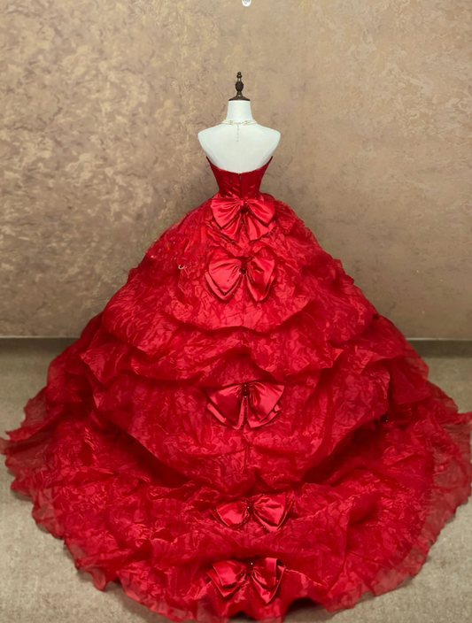 Chic Red Prom Dress Ball Gown Strapless Quinceanera Dress Tulle Sweet 16 Dress ED09363