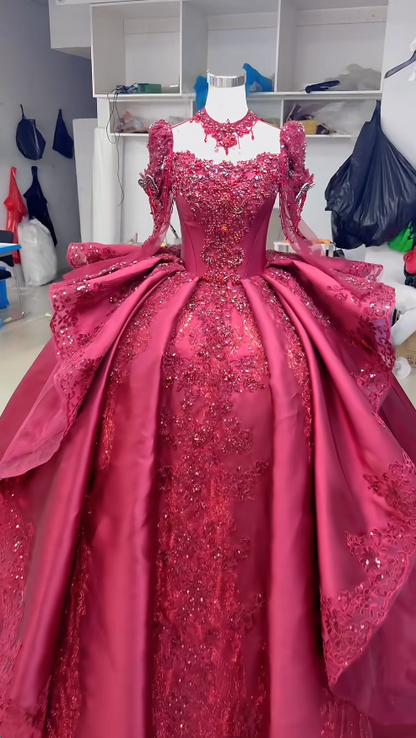 Chic Red Prom Dress Ball Gown  Quinceanera Dress Applique Satin Sweet 16 Dress ED09364