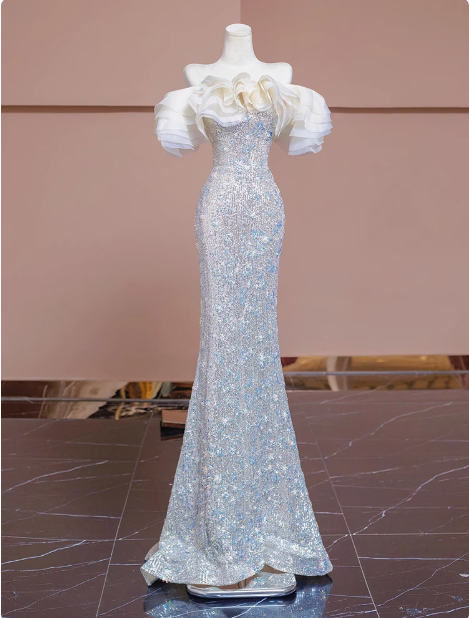 Champagne off-shoulder tulle sequined mermaid dress, champagn bridal dress ED0936