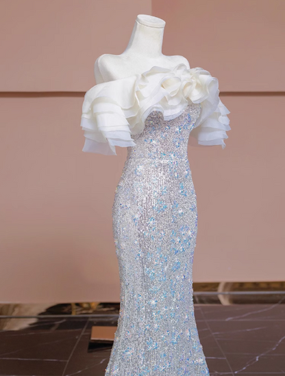Champagne off-shoulder tulle sequined mermaid dress, champagn bridal dress ED0936