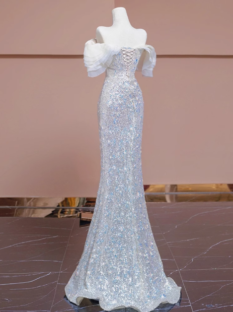 Champagne off-shoulder tulle sequined mermaid dress, champagn bridal dress ED0936