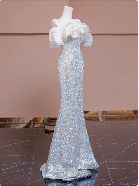 Champagne off-shoulder tulle sequined mermaid dress, champagn bridal dress ED0936