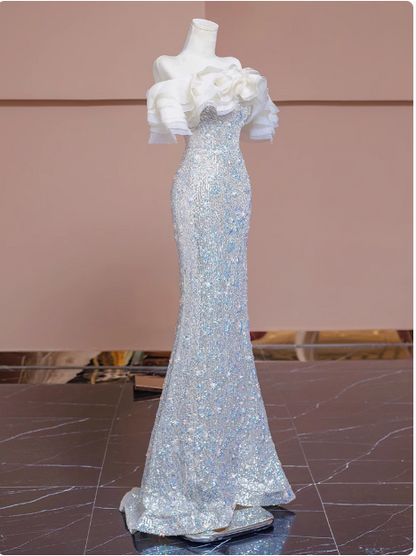 Champagne off-shoulder tulle sequined mermaid dress, champagn bridal dress ED0936