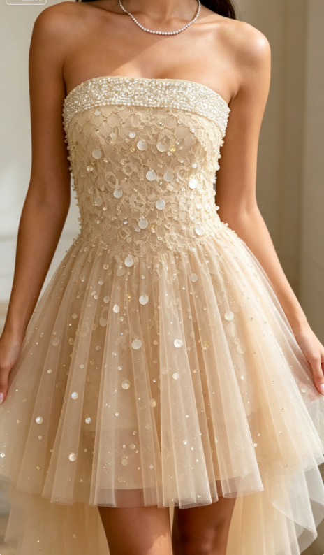 Chic Champagne Hoco Dress A-Line Birthday Dress Strapless Tulle  Party Dress ED09370