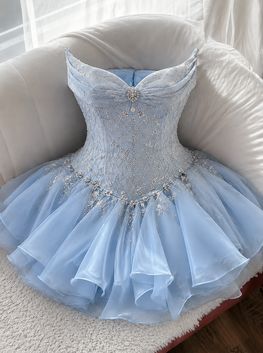 Sexy Pale Blue Hoco Dress Sweetheart A-Line Birthday Dress Satin Beaded Dress for Party ED09373