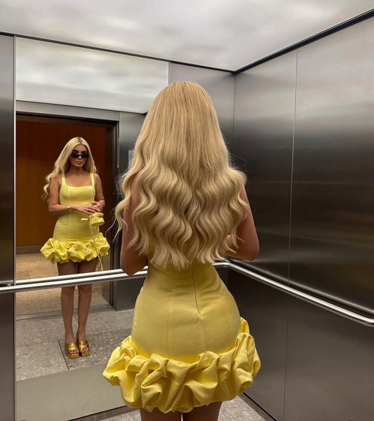 Robe de soirée jaune sexy à bretelles, coupe fourreau, en satin, pour anniversaire ED09374