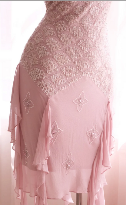Sexy Pink Hoco Dress V-neck Sheath Birthday Dress Beaded Chiffon Dress for Party ED09376