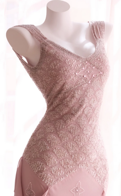 Sexy Pink Hoco Dress V-neck Sheath Birthday Dress Beaded Chiffon Dress for Party ED09376