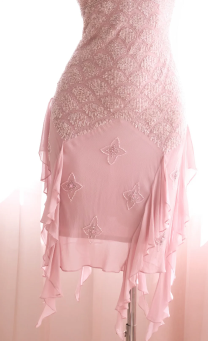 Sexy Pink Hoco Dress V-neck Sheath Birthday Dress Beaded Chiffon Dress for Party ED09376
