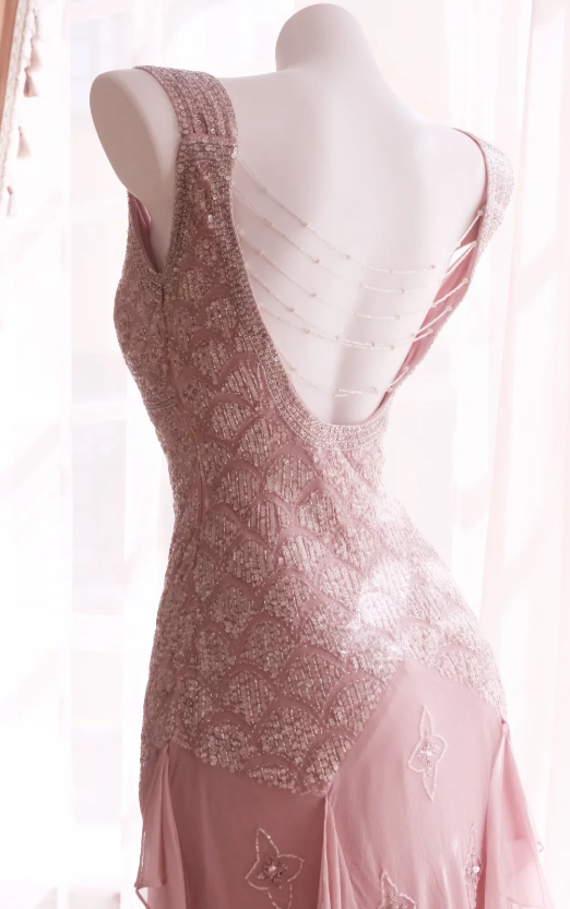 Sexy Pink Hoco Dress V-neck Sheath Birthday Dress Beaded Chiffon Dress for Party ED09376
