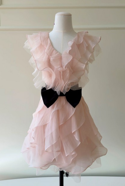Sexy Pink Hoco Dress V-neck A-Line Birthday Dress ChiffonDress for Party ED09378