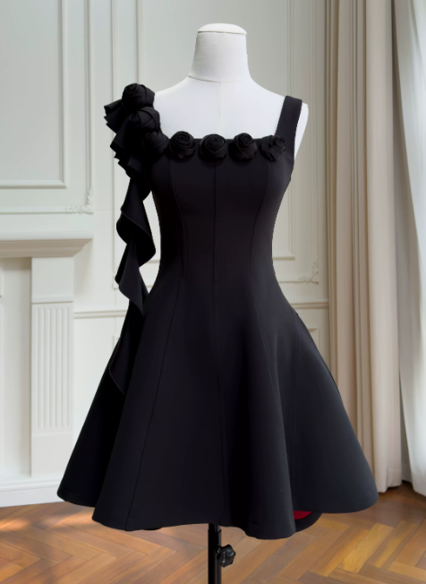 Sexy Black Hoco Dress Straps A-Line Birthday Dress Satin Dress for Party ED09379