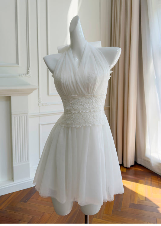 Sexy White Hoco Dress Halter A-Line Birthday Dress Chiffon Dress for Party ED09380