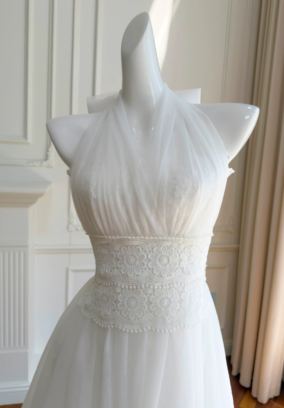 Sexy White Hoco Dress Halter A-Line Birthday Dress Chiffon Dress for Party ED09380