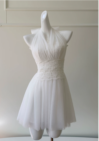 Sexy White Hoco Dress Halter A-Line Birthday Dress Chiffon Dress for Party ED09380