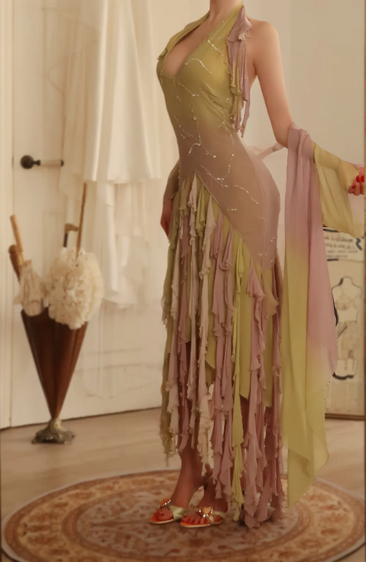 Vintage Pink Prom Dress V-neck Sheath Chiffon Long Evening Dress ED09383