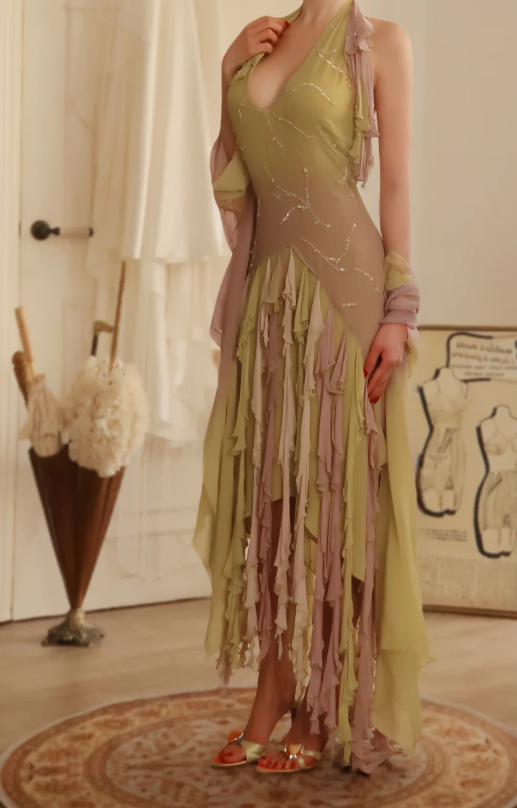 Vintage Pink Prom Dress V-neck Sheath Chiffon Long Evening Dress ED09383