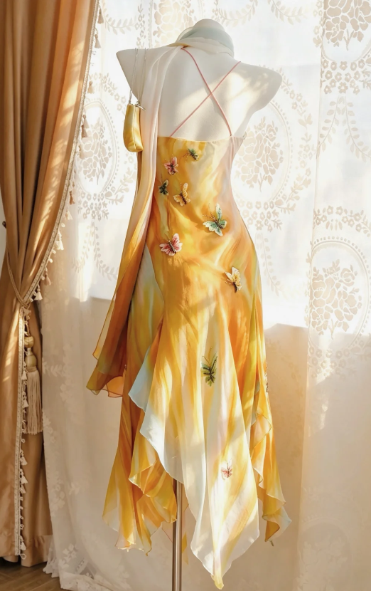 Vintage Yellow Prom Dress Straps Sheath Chiffon Long Evening Dress ED09384