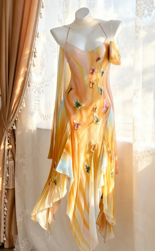 Vintage Yellow Prom Dress Straps Sheath Chiffon Long Evening Dress ED09384