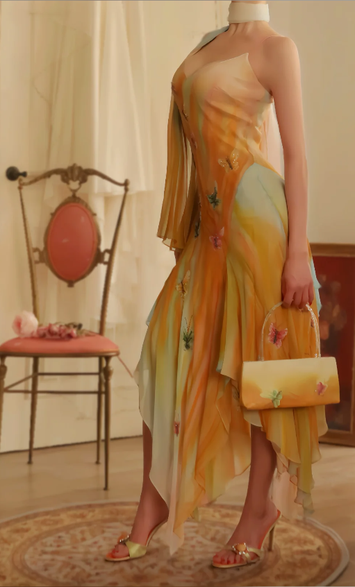 Robe de soirée longue jaune vintage en mousseline avec bretelles fourreau ED09384
