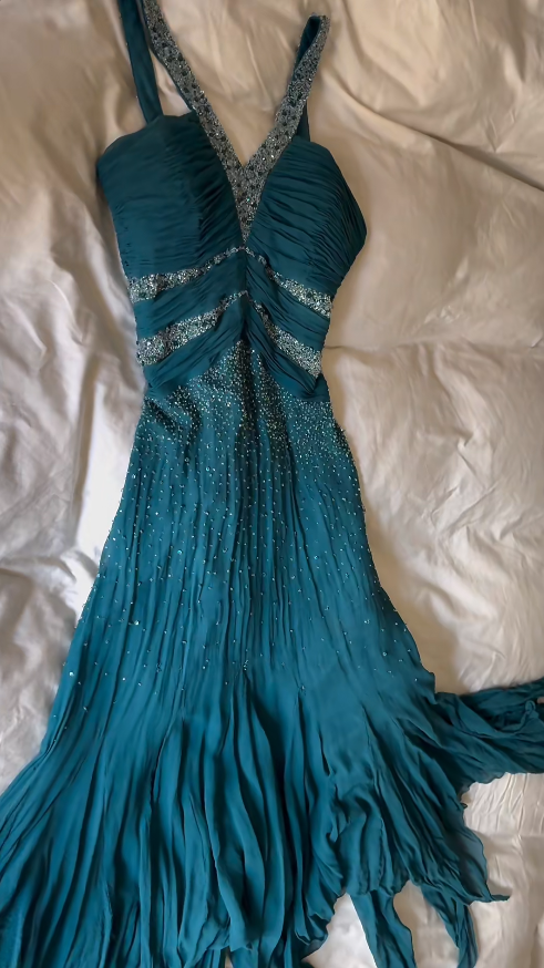 Vintage Teal Prom Dress Halter Sheath Chiffon Evening Dress ED09385