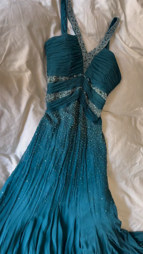 Vintage Teal Prom Dress Halter Sheath Chiffon Evening Dress ED09385
