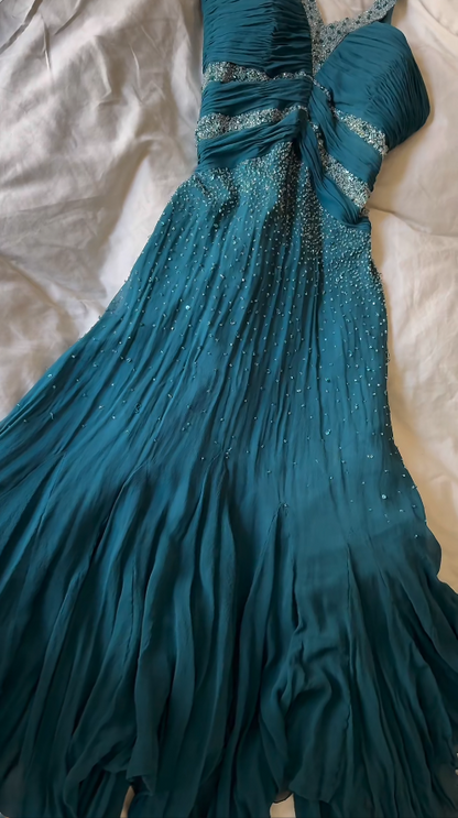 Vintage Teal Prom Dress Halter Sheath Chiffon Evening Dress ED09385