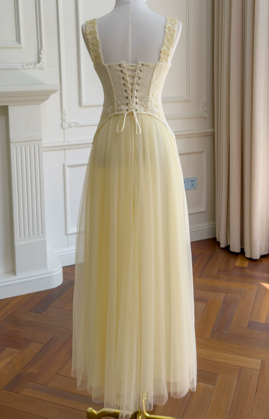 Chic Yellow Prom Dress Straps A-Line Tulle Evening Dress ED09386