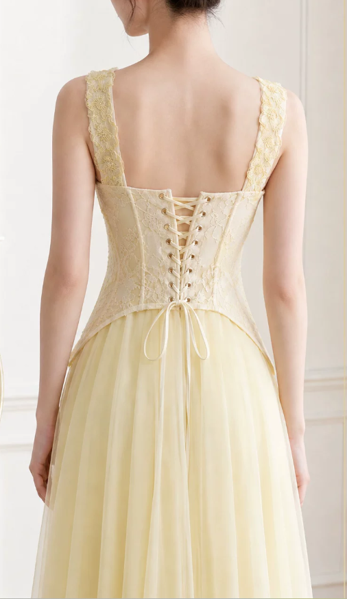 Chic Yellow Prom Dress Straps A-Line Tulle Evening Dress ED09386