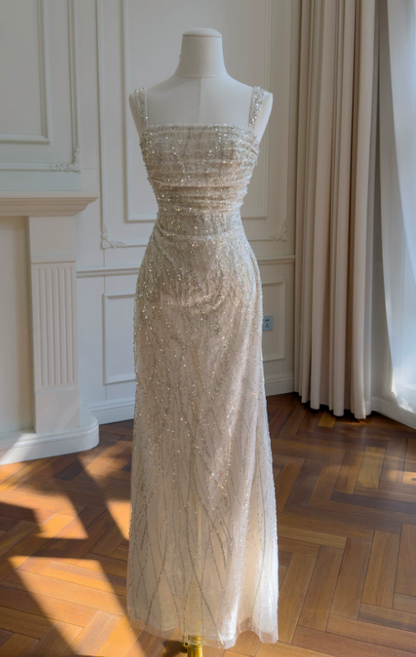 Robe de bal chic couleur champagne à bretelles fourreau tulle robe de soirée ED09387