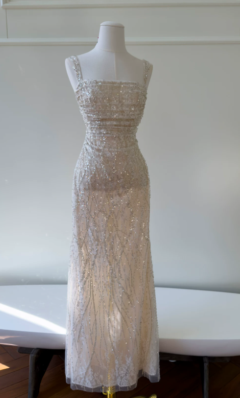 Robe de bal chic couleur champagne à bretelles fourreau tulle robe de soirée ED09387