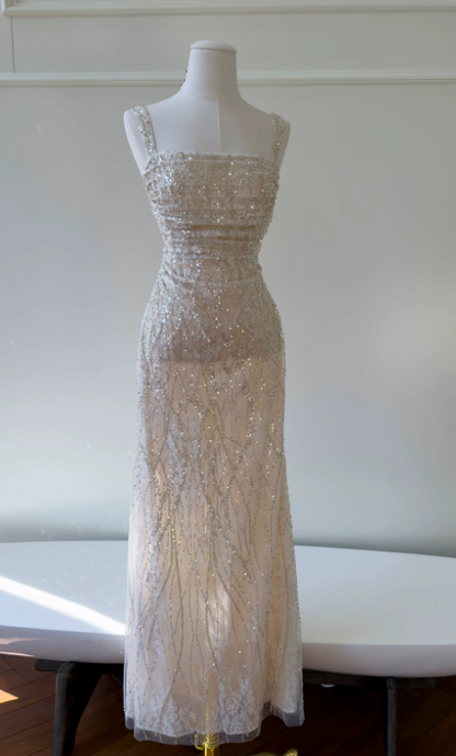 Robe de bal chic couleur champagne à bretelles fourreau tulle robe de soirée ED09387