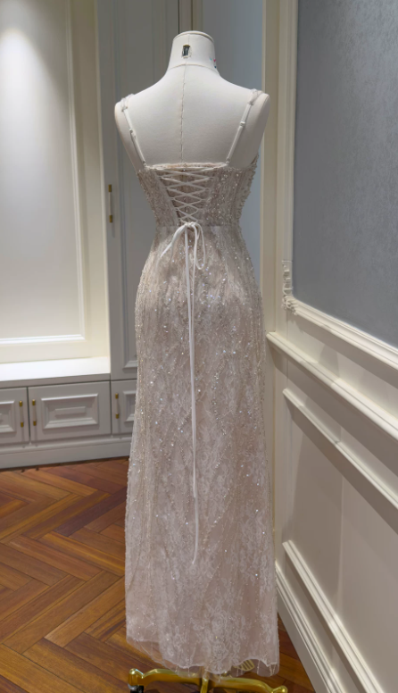 Robe de bal chic couleur champagne à bretelles fourreau tulle robe de soirée ED09387