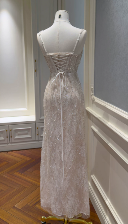 Robe de bal chic couleur champagne à bretelles fourreau tulle robe de soirée ED09387