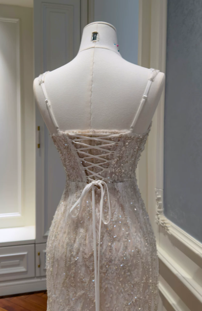 Robe de bal chic couleur champagne à bretelles fourreau tulle robe de soirée ED09387