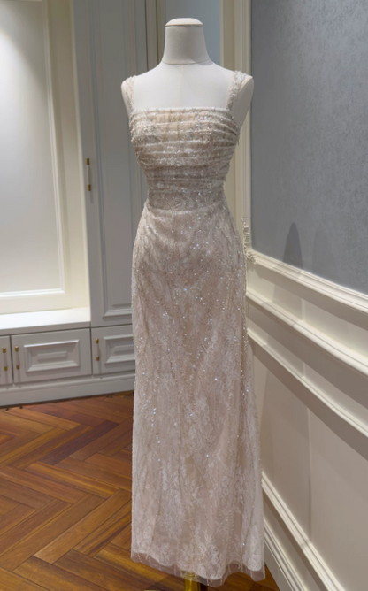 Robe de bal chic couleur champagne à bretelles fourreau tulle robe de soirée ED09387