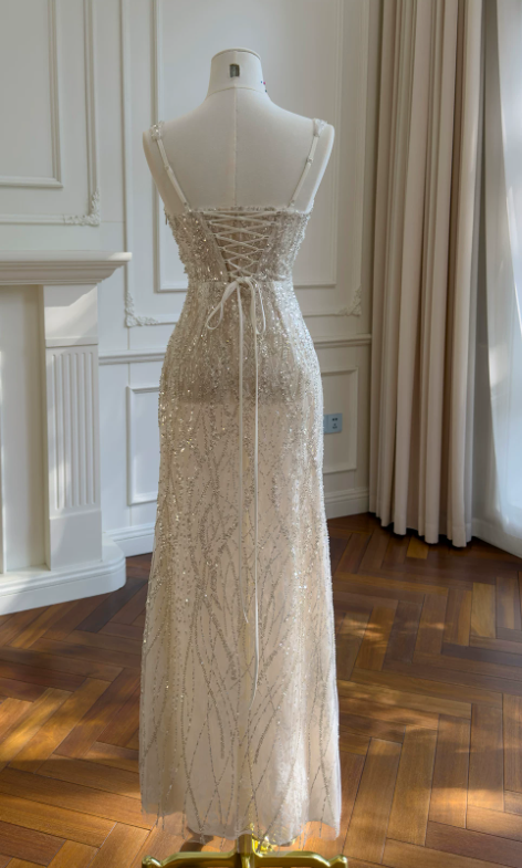Robe de bal chic couleur champagne à bretelles fourreau tulle robe de soirée ED09387