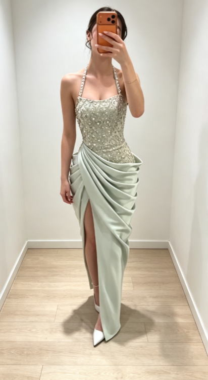 Chic Green Prom Dress Halter Sheath Satin Beaded Evening Dress ED09388