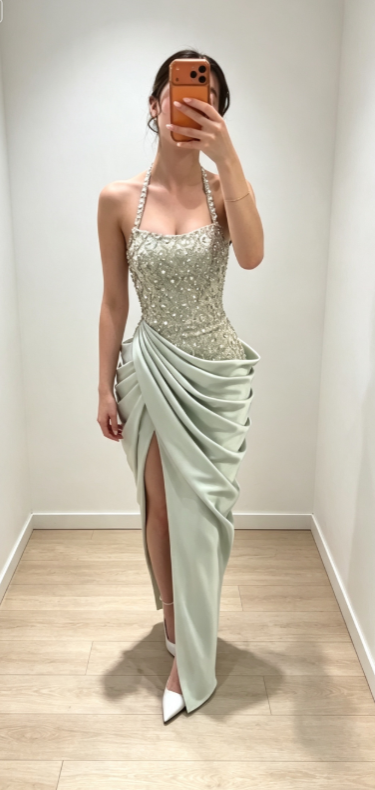 Chic Green Prom Dress Halter Sheath Satin Beaded Evening Dress ED09388
