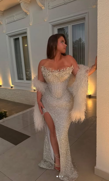 Chic Weißes Ballkleid Träger Trägerloses Etui Tüll Perlen Lang Abendkleid ED09390