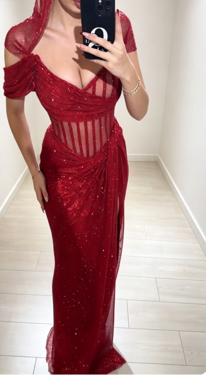 Chic Burgundy Prom Dress Sweetheart Sheath Tulle Long Evening Dress ED09392