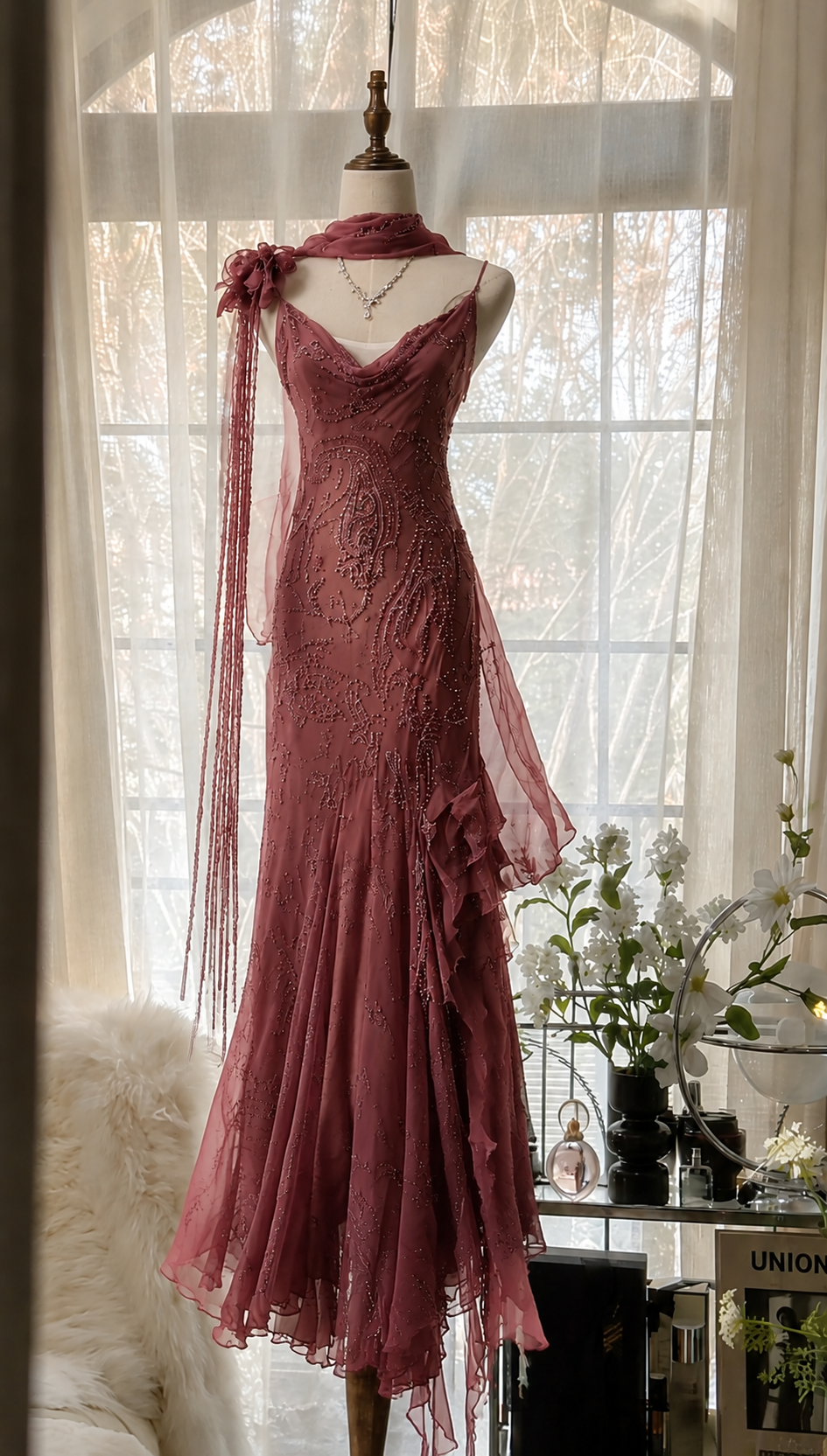 Elegantes dunkelrotes Ballkleid mit Trägern, Etui-Form, Chiffon und Perlenbesatz Abendkleid ED09393