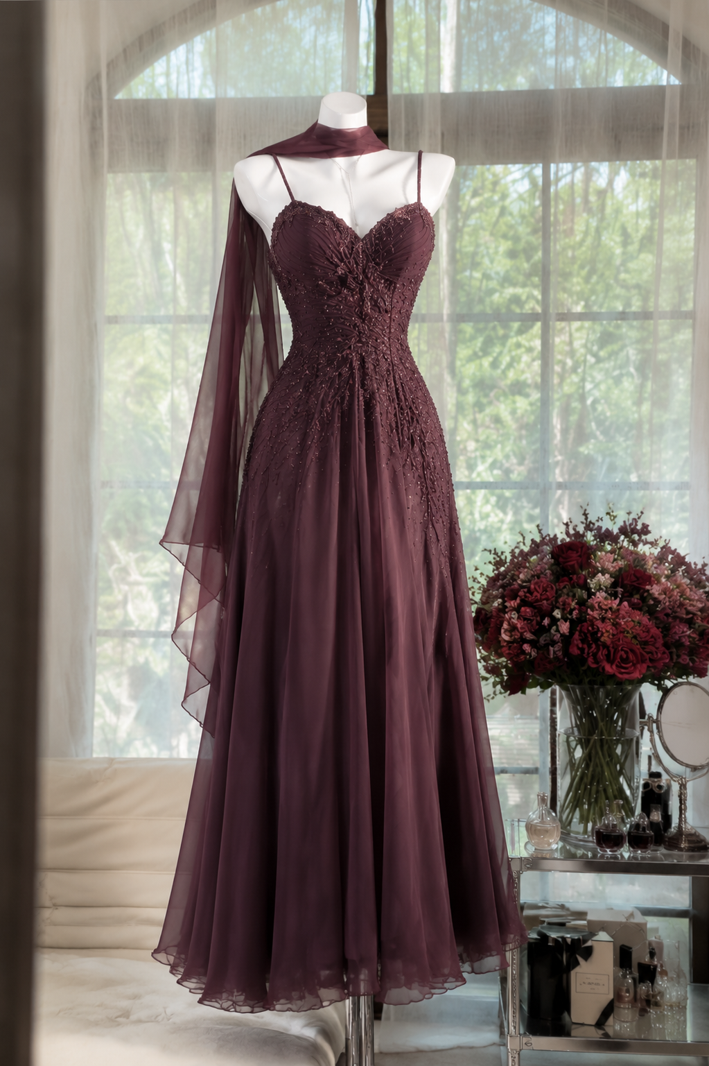 Elegantes braunes Ballkleid Träger A-Linie Chiffon Perlen Abendkleid ED09396