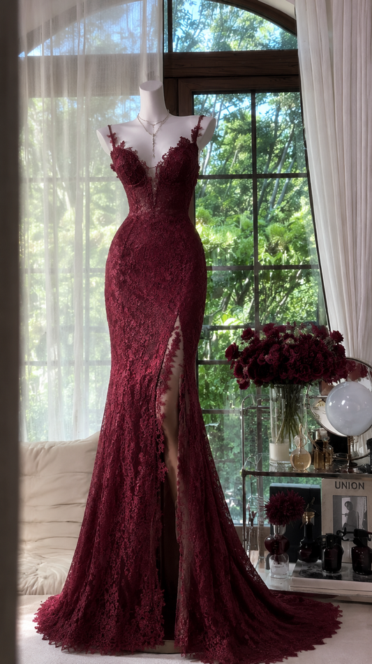 Elegantes burgunderrotes Ballkleid mit Trägern, Meerjungfrauen-Spitzen-Abendkleid ED09397