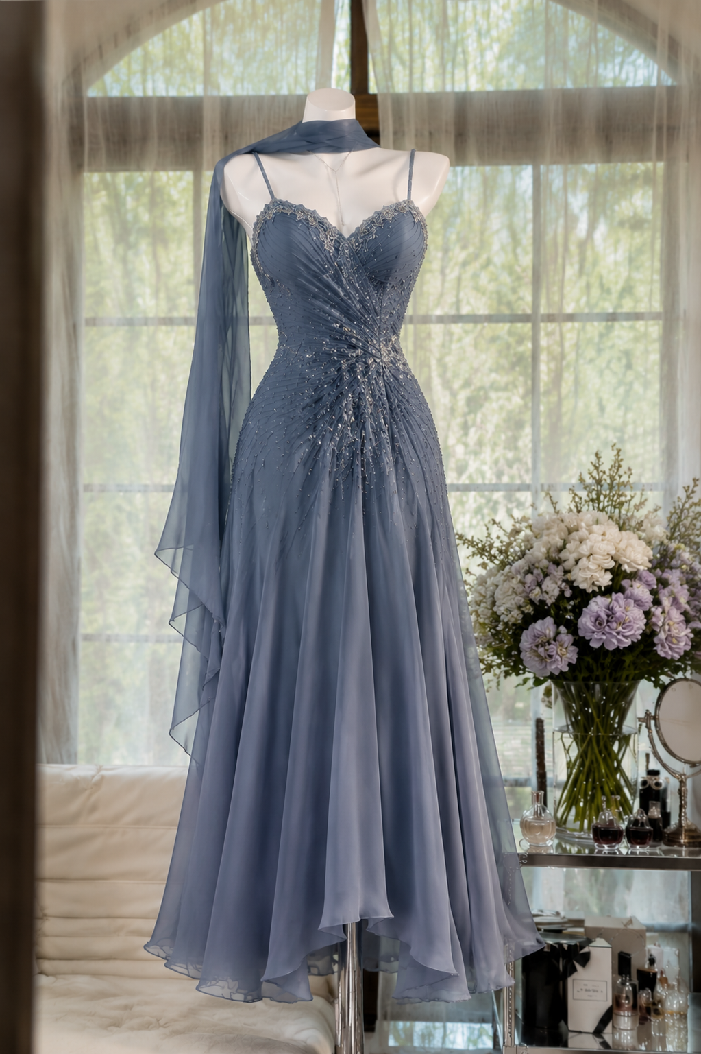 Chic Blue Prom Dress Straps A-Line Chiffon Beaded Evening Dress ED09398